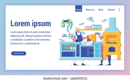Restaurant Staff Flat Vector Landing Page Template. Waiter Carrying Trays with Coffee and Wine Male Cartoon Character. Butcher Holding Meat. Luxury Cafe Employees Website Homepage Layout