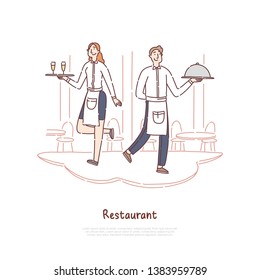 Restaurant staff holding tray with meal and alcoholic drinks, cheerful waiter and waitress serving banner