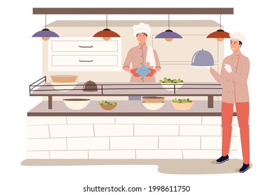 Restaurant staff in kitchen web concept. Chef places ready meals on counter, waiter carries orders to customers in dining room. People scenes template. Vector illustration of characters in flat design