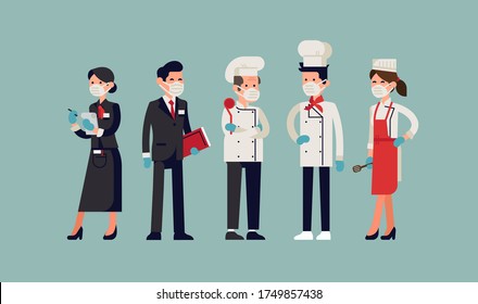 Restaurant Staff Ready To Receive Their Clients Complying With New Sanitary And Public Safety Norms, Wearing Individual Protective Masks And Gloves. Food Industry Relaunch After Coronavirus Lockdown