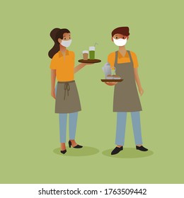 Restaurant Staff Ready To Serve Customers Wear Face Mask, Vector Illustration