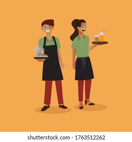 Restaurant staff serving customer bring food and drink. vector flat illustration