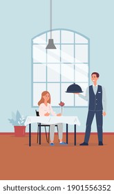El personal del restaurante sirve a las clientes femeninas. Interior de café con camarero con uniforme llevando el plato a una joven sentada en la mesa. Ilustración vectorial de dibujos animados planos.