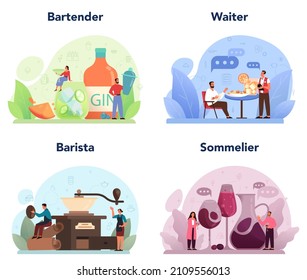 Restaurant staff set. Barman and barista preparing alcoholic drinks and coffee. Waiter and sommelier serving dishes and wine. Guest service. Isolated flat vector illustration