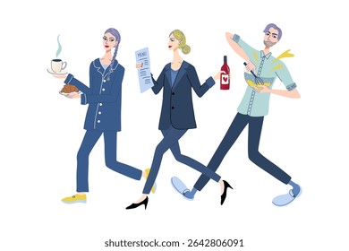 Restaurant staff. Set of cafe workers in uniform, including chef, waitress, hostess. Cute stylish characters for food service and hospitality designs. Professional team. Hand drawn vector illustration
