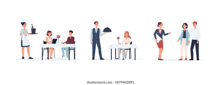 El personal del restaurante - dibujos animados de personas que sirven a clientes aislados de color blanco. Ilustración vectorial de camareros y anfitriones llevando comida a la mesa.