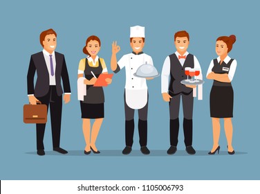 Restaurant staff team. Director, chef, waiter manager sommelier Vector illustration