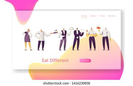 Restaurant Staff in Uniform. Administrator with Notebook, Chief in Toque, Waiter Holding Tray with Dish Under Silver Cloche Lid Website Landing Page, Web Page. Cartoon Flat Vector Illustration, Banner