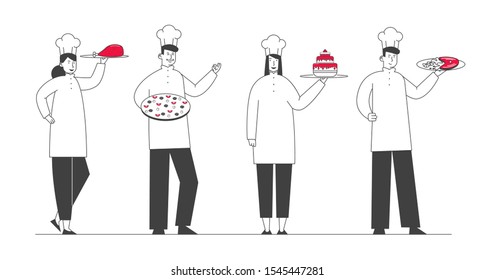 Restaurant Staff in Uniform Demonstrating Cafe Menu. Pizzeria Bakery Shop Hospitality. Young Men and Women Chefs in Toque and Apron Holding Trays with Meals. Cartoon Flat Vector Illustration, Line Art