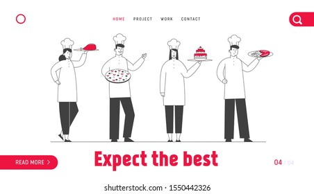 Restaurant Staff in Uniform Demonstrating Cafe Menu Website Landing Page. Men and Women Chefs in Toque and Apron Holding Trays with Meals Web Page Banner. Cartoon Flat Vector Illustration, Line Art