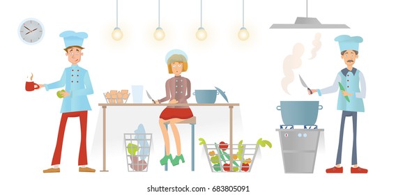 Restaurant staff in uniform working in the kitchen. Chef and his assistants prepare food. Vector illustration, isolated on white background.