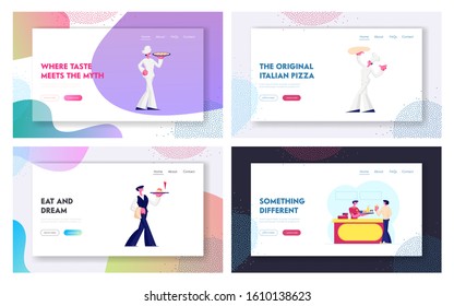 Restaurant Staff Website Landing Page. Chiefs in Toque Presenting and Cook Pizza, Man Waiter Holding Tray with Dish. Fast Food Cafe Worker in Uniform Web Page Banner. Cartoon Flat Vector Illustration