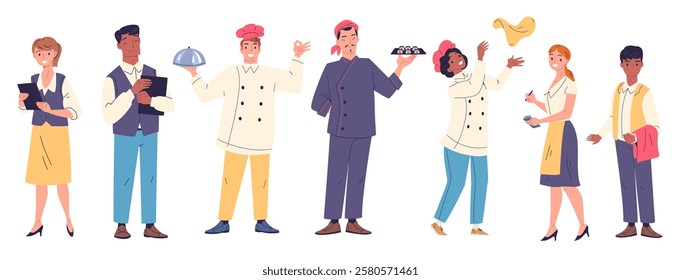 Restaurant staff workers. Man woman in catering service uniform, cafe employment kitchen crew job team chef cook waitress waiter manager administrator, classy vector illustration original artwork