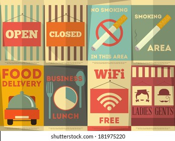 Restaurant Stickers Set. Catering Signage in Flat Design Style. Vector illustration.