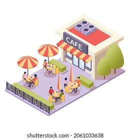 Restaurant street cafe isometric composition cafe with outdoor veranda with umbrellas and individual tables vector illustration