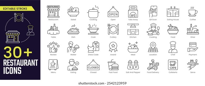 Restaurant Stroke icon collections. Containing restaurant, cooking, eating, fast, chef, coffee, sFast Food, Salt And Pepper, Food Delivery, and Cafeteria icons. Editable Stroke icon collection Outline