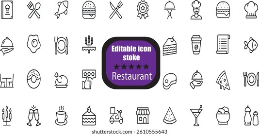 Restaurant Stroke icon collections. Containing restaurant, cooking, eating, fast, chef, coffee, sFast Food, Salt And Pepper, Food Delivery, and Cafeteria icons