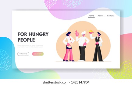 Restaurant Stuff. Administrator Girl, Chief, Man Waiter Holding Tray, Male and Female Characters in Uniform, Hospitality Website Landing Page, Web Page. Cartoon Flat Vector Illustration, Banner