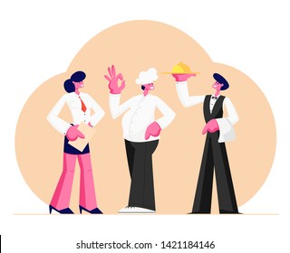 Restaurant Stuff. Administrator Girl with Notebook, Chief in Toque, Man Waiter Holding Tray with Dish Under Silver Cloche Lid, Male and Female Characters in Uniform. Cartoon Flat Vector Illustration