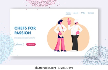 Restaurant Stuff. Administrator Girl with Notebook, Chief in Toque, Male and Female Characters in Uniform Waiting Clients, Cafe Website Landing Page, Web Page. Cartoon Flat Vector Illustration, Banner