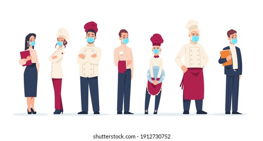 Restaurant Stuff. Cartoon Workers Wear Protective Face Masks. Isolated Standing In Row Cafe Managers And Cookers, Waitress Or Waiter. Career And Occupation. Vector Hospitable Cute Employees Set