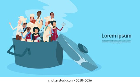 Restaurant Stuff Cook And Waiters In Saucepan Service Mix Race Group Banner Flat Vector Illustration