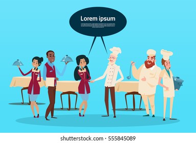 Restaurant Stuff Cook And Waiters Service Mix Race Group Cafe Interior Flat Vector Illustration
