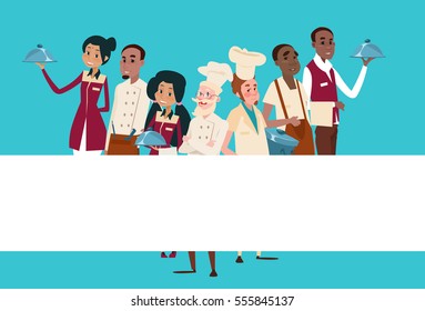 Restaurant Stuff Cook And Waiters Service Mix Race Group Banner Flat Vector Illustration