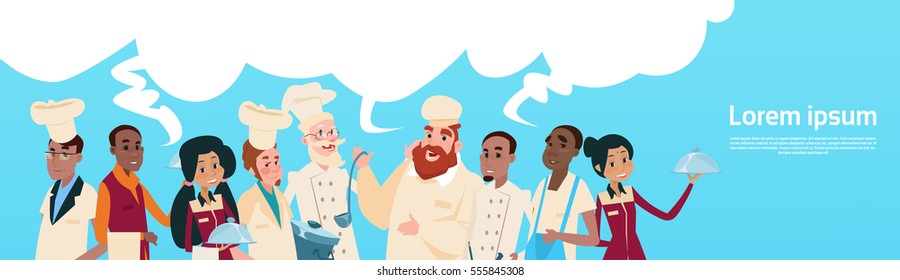 Restaurant Stuff Cook And Waiters Service Mix Race Group Communication Chat Bubble Banner Flat Vector Illustration