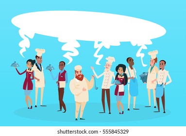 Restaurant Stuff Cook And Waiters Service Mix Race Group Communication Chat Bubble Banner Flat Vector Illustration