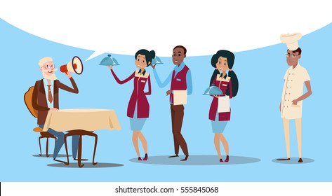 Restaurant Stuff Cook And Waiters Serving Client Mix Race Group Cafe Interior Flat Vector Illustration