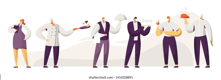 Restaurant Stuff. Male and Female Characters in Uniform. Administrator Girl with Notebook, Chief in Toque, Men Waiters Holding Tray with Dish Under Silver Cloche Lid Cartoon Flat Vector Illustration