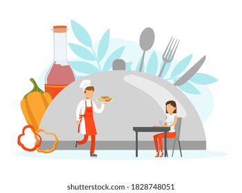 Restaurant Stuff Serving Client, Tiny Chef Character in Uniform and Cap Vector Illustration