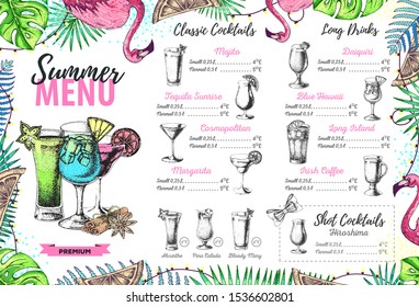 Restaurant summer cocktail menu design with tropic leaves. Fast food menu