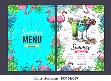 Restaurant summer cocktail menu design with tropic leaves. Fast food menu