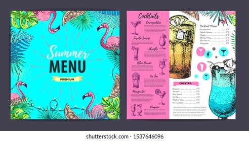 Restaurant summer cocktail menu design with tropic leaves. Fast food menu