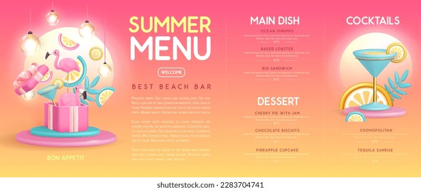 Restaurante de diseño de menú de verano con cócteles de plástico 3D, frutas tropicales y flamingo. Ilustración del vector