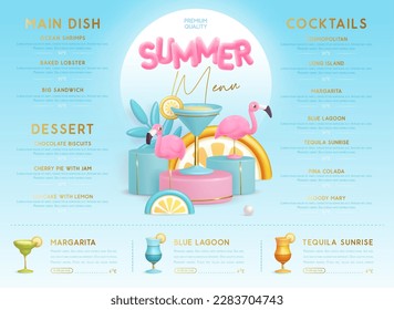 Restaurant summer menu design with 3D plastic cocktails, tropic fruits and flamingo. Vector illustration