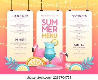 Restaurant summer menu design with 3D plastic cocktail, tropic fruits and flamingo. Vector illustration