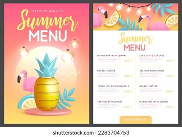 Restaurant summer menu design with 3D plastic palm leaves, pineapple and flamingo. Vector illustration
