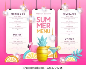 Restaurant summer menu design with 3D plastic cocktail, pineapple and flamingo. Vector illustration