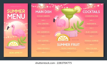 Restaurant summer menu design with 3D plastic cocktail, tropic fruit and flamingo. Vector illustration