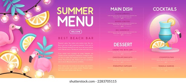 Restaurant summer menu design with 3D plastic cocktail, tropic fruits and flamingo. Vector illustration