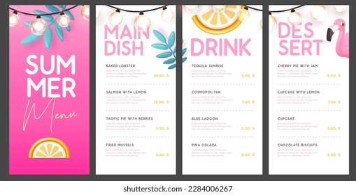 Restaurant summer menu design with 3D plastic palm leaves, tropic fruits and flamingo. Vector illustration