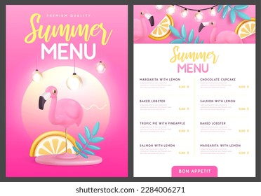 Restaurante de diseño de menú de verano con hojas de palma de plástico 3D, frutas tropicales y flamingo. Ilustración del vector