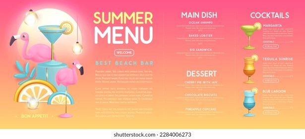 Restaurant summer menu design with 3D plastic cocktails, tropic fruits and flamingo. Vector illustration