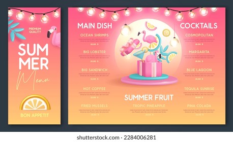 Restaurant summer menu design with 3D plastic cocktail, tropic fruits and flamingo. Vector illustration