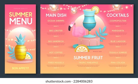 Restaurant summer menu design with 3D plastic cocktail, pineapple and flamingo. Vector illustration
