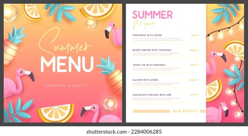 Restaurant summer menu design with 3D plastic palm leaves, pineapple and flamingo. Vector illustration