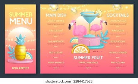 Restaurant summer menu design with 3D plastic cocktail, pineapple and flamingo. Vector illustration